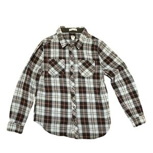 Junk food clothing woman’s blue plaid flannel size M